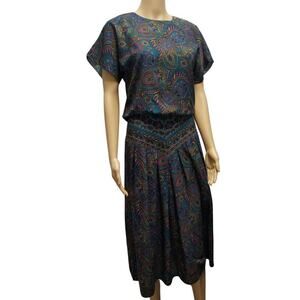 80s MIDI PAISLEY FLORAL Short Sleeve Fitted Waist Summer Dress Size 6 [Vintage]